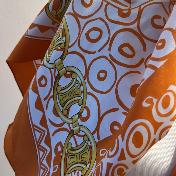 Celine Elegant Orange Silk Scarf  34”x34” - Picture 7 of 11